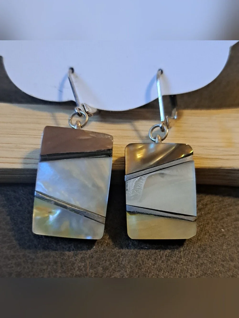 Inlayed Mother of Pearl Sterling Silver Slats Dangly Earrings Oblong Gorgeous